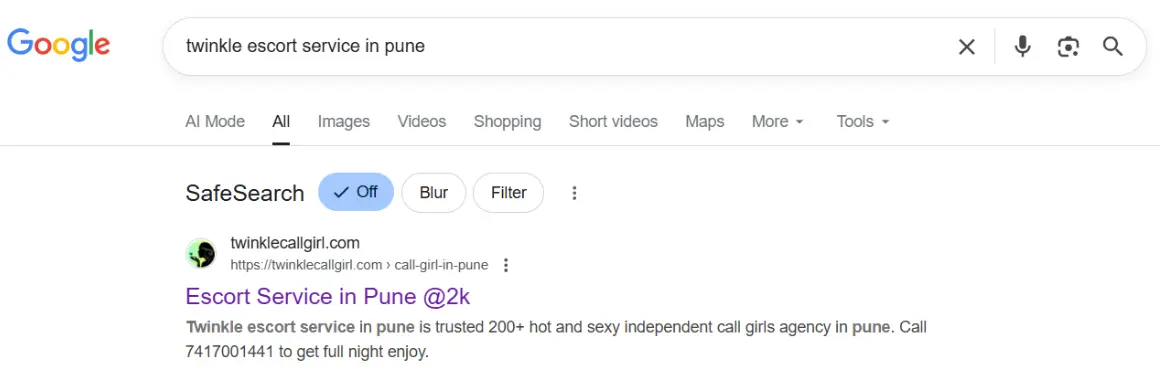 screenshot result keyword type on google 'twinkle escort service in pune'